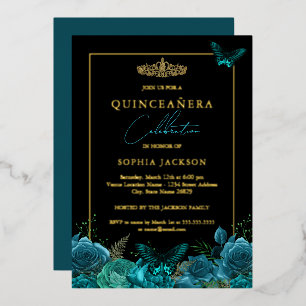 Invitación Con Relieve Metalizado Elegante Quinceañera Azul Turquesa Mariposa Negra