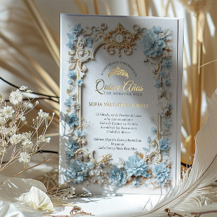 Invitación Con Relieve Metalizado Elegante Quinceañera Azul y Dorado Sweet 15 en Esp