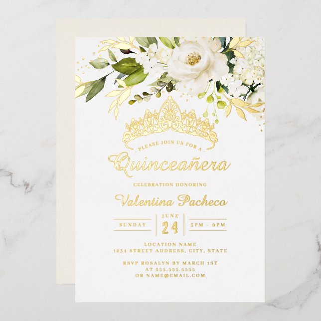 Invitación Con Relieve Metalizado Elegante Quinceanera Blanca Oro Amarillo (Anverso/Reverso)
