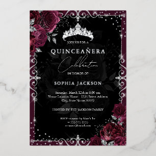 Invitación Con Relieve Metalizado Elegante Quinceañera Burgundy Plata Rosa