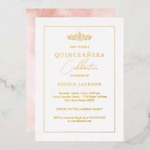 Invitación Con Relieve Metalizado Elegante Quinceañera Cumpleaños Acuarela Dorada