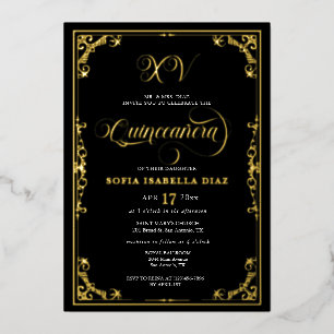 Invitación Con Relieve Metalizado Elegante Quinceañera de borde negro en oro o plata