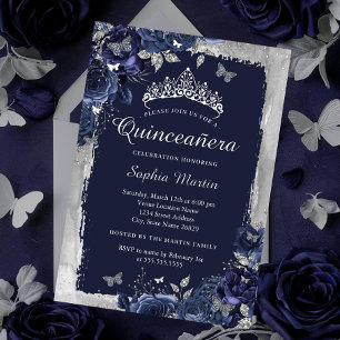 Invitación Con Relieve Metalizado Elegante Quinceañera de flores Navy Plata