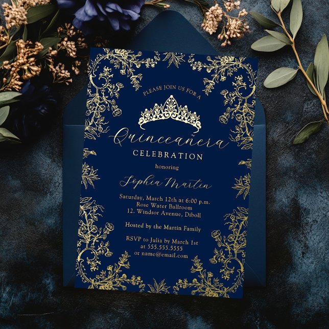 Invitación Con Relieve Metalizado Elegante Quinceanera de la Marina de Oro (Subido por el creador)