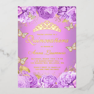 Invitación Con Relieve Metalizado Elegante Quinceañera de Mariposas Florales Púrpura