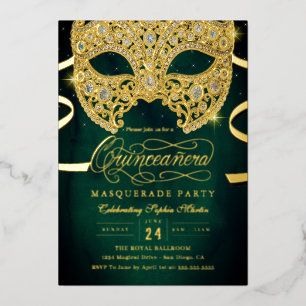 Invitación Con Relieve Metalizado Elegante Quinceañera de Máscara de Oro Esmeralda