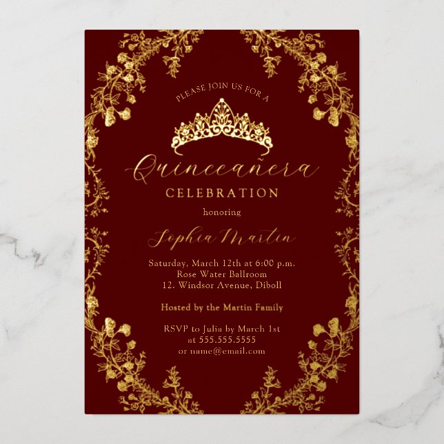 Invitación Con Relieve Metalizado Elegante Quinceanera de oro de Borgoña (Anverso)