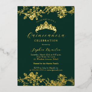 Invitación Con Relieve Metalizado Elegante Quinceanera de oro esmeralda