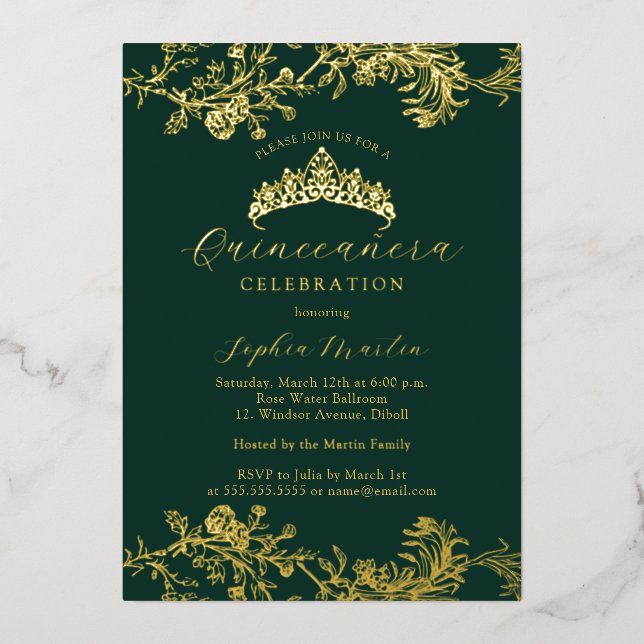Invitación Con Relieve Metalizado Elegante Quinceanera de oro esmeralda (Anverso)