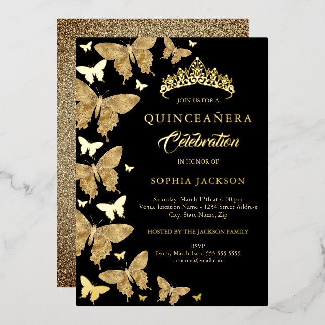 Invitación Con Relieve Metalizado Elegante Quinceanera De Oro Y Mariposa Negra (Anverso/Reverso)