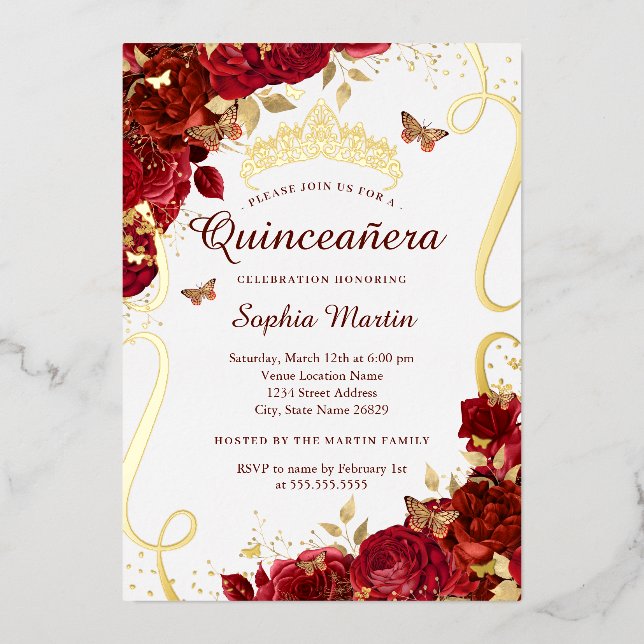 Invitación Con Relieve Metalizado Elegante Quinceanera floral dorada (Anverso)