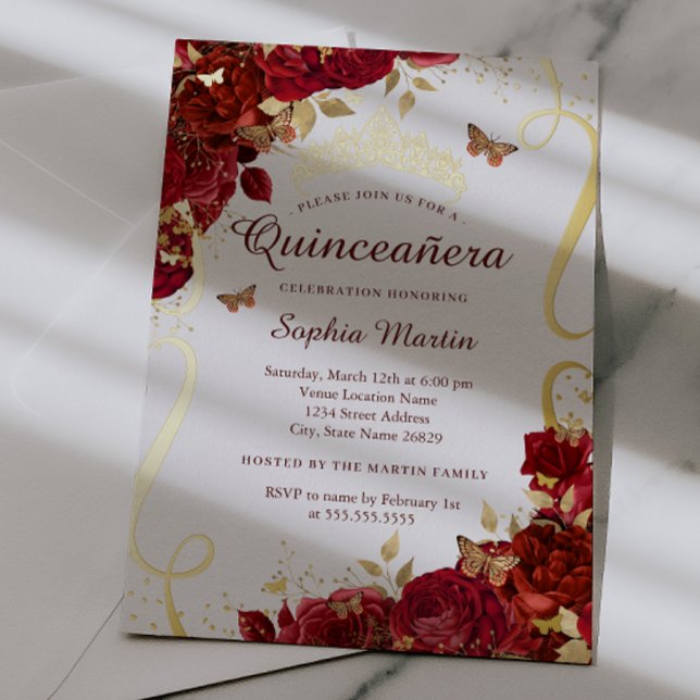 Invitación Con Relieve Metalizado Elegante Quinceanera floral dorada (Subido por el creador)
