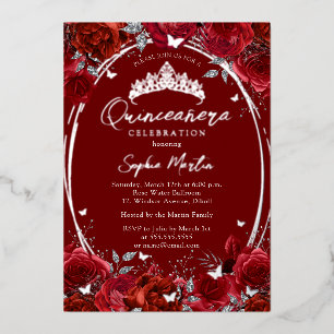 Invitación Con Relieve Metalizado Elegante Quinceañera Floral Roja Plateada