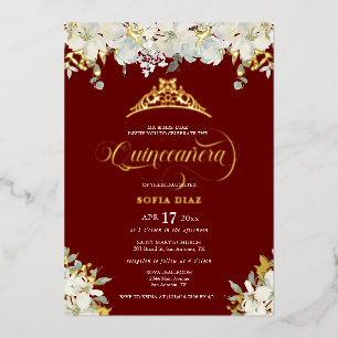 Invitación Con Relieve Metalizado Elegante Quinceañera Floral Rojo Dorado