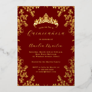 Invitación Con Relieve Metalizado Elegante Quinceañera Floral Rojo Dorado