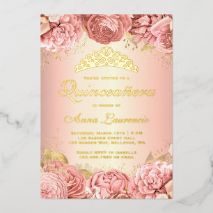 Invitación Con Relieve Metalizado Elegante Quinceanera floral rosa 15 cumpleaños