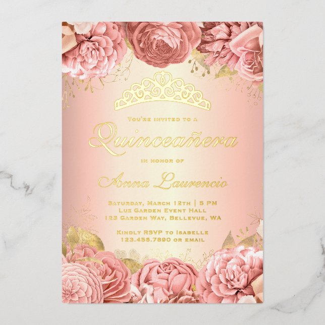 Invitación Con Relieve Metalizado Elegante Quinceanera floral rosa 15 cumpleaños (Anverso)