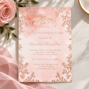 Invitación Con Relieve Metalizado Elegante Quinceañera Floral Vintage en Rosa Dorado