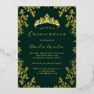 Invitación Con Relieve Metalizado Elegante Quinceañera Floral Vintage Esmeralda Dora