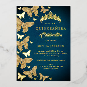 Invitación Con Relieve Metalizado Elegante Quinceañera Mariposa Azul Dorada