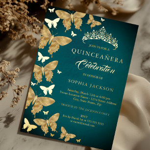 Invitación Con Relieve Metalizado Elegante Quinceañera Mariposa Dorada Turquesa
