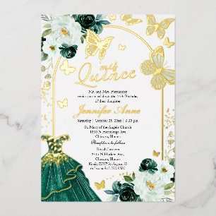 Invitación Con Relieve Metalizado Elegante Quinceañera Mariposa Verde Esmeralda Dora