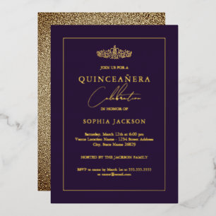 Invitación Con Relieve Metalizado Elegante Quinceañera Oro Púrpura 15