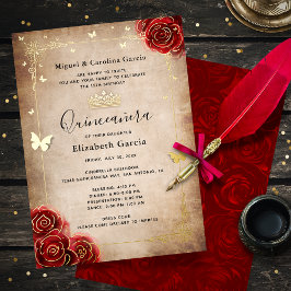 Invitación Con Relieve Metalizado Elegante Quinceanera Red Rose Gold