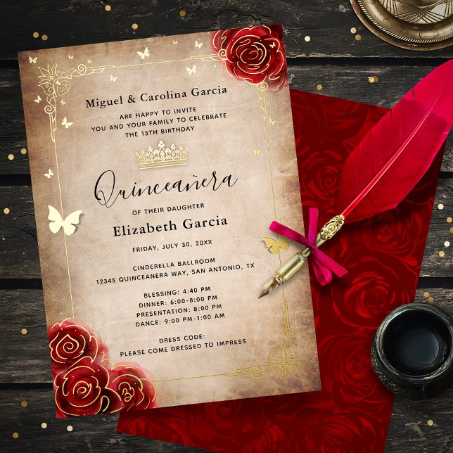 Invitación Con Relieve Metalizado Elegante Quinceanera Red Rose Gold (Elegant, personalized red Quinceanera invitations that sparkle with real gold foil.)