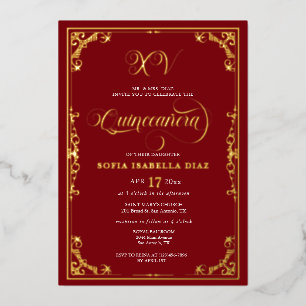 Invitación Con Relieve Metalizado Elegante Quinceañera Royal Rojo con Hojas de Oro