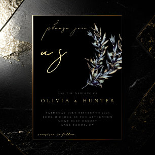Invitación Con Relieve Metalizado Elegante rama de olivo negro y Boda de oro
