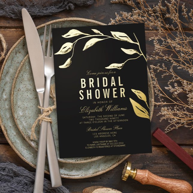 Invitación Con Relieve Metalizado Elegante Rama Simple Negro Bridal Shower Gold (Subido por el creador)