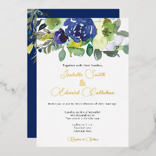 Invitación Con Relieve Metalizado Elegante ramo floral de acuarela azul marino para 