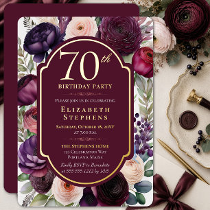 Invitación Con Relieve Metalizado Elegante Ranunculus de Vino Cumpleaños 70 Dorado