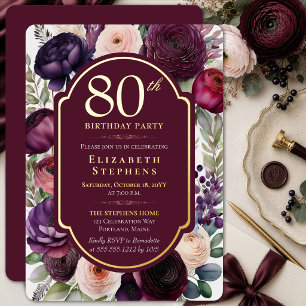 Invitación Con Relieve Metalizado Elegante Ranunculus de Vino Cumpleaños 80 Dorado