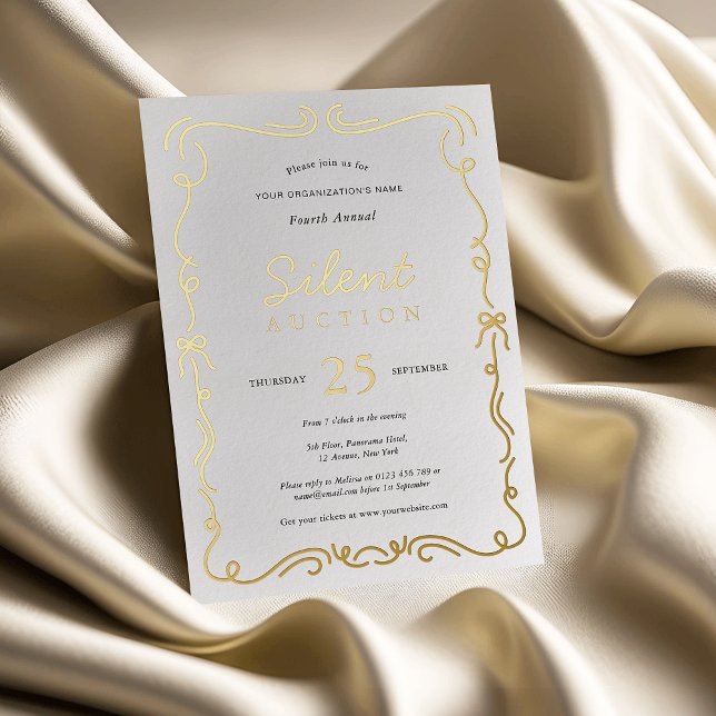 Invitación Con Relieve Metalizado Elegante recaudación de fondos para subasta silenc (Elegant white and real gold foil invitation for silent auction event with fully editable text)