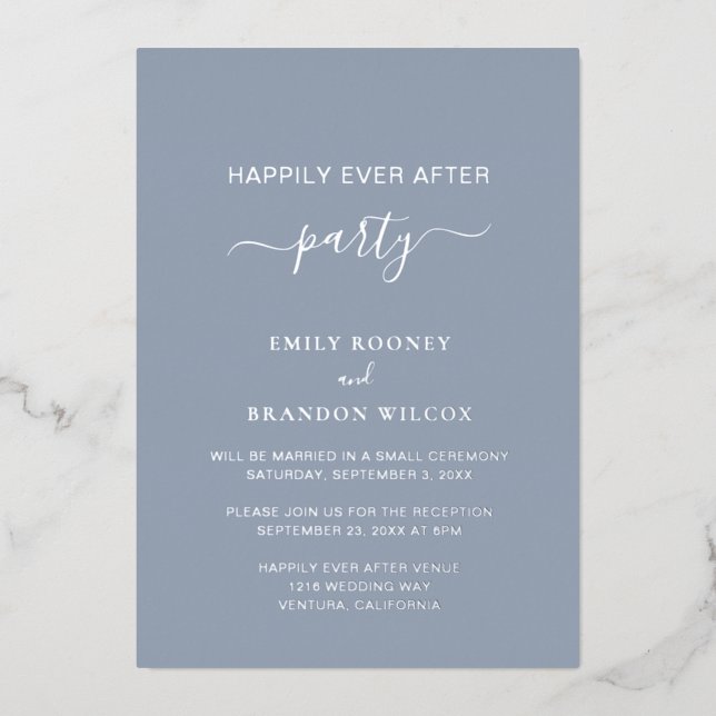Invitación Con Relieve Metalizado Elegante Recepción de Boda Simple Polvorienta Azul (Anverso)