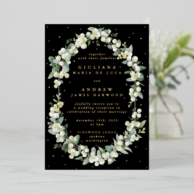 Invitación Con Relieve Metalizado Elegante recepción de Snowberry negro + eucalipto (Anverso de pie)