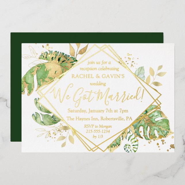 Invitación Con Relieve Metalizado Elegante recepción Tropical de Boda de Boda de Oro (Anverso/Reverso)