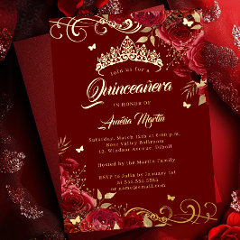 Invitación Con Relieve Metalizado Elegante Red Rose Gold Swirl Quinceanera