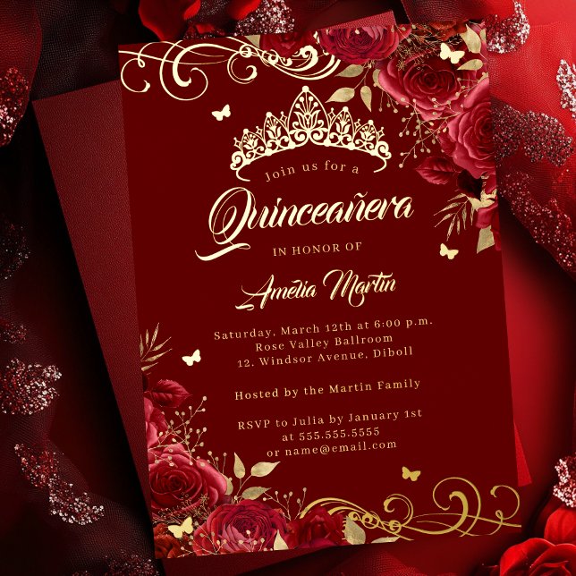 Invitación Con Relieve Metalizado Elegante Red Rose Gold Swirl Quinceanera (Subido por el creador)