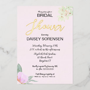 Invitación Con Relieve Metalizado Elegante Relieve metalizado de ducha rosa y dorada