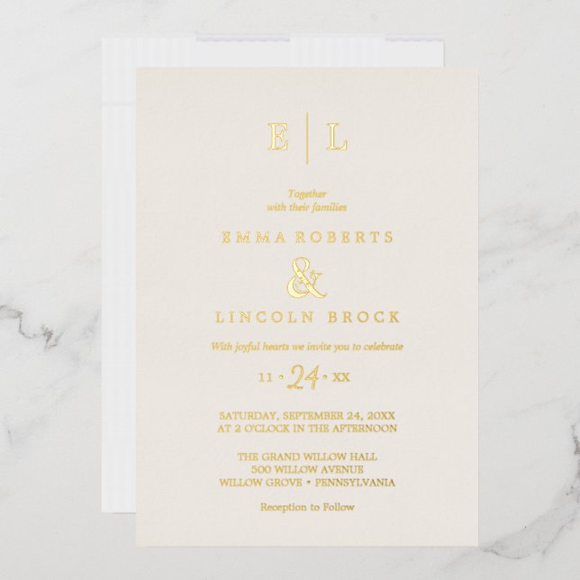 Invitación Con Relieve Metalizado Elegante Relieve metalizado dorado Boda Monograma  (Sobre)