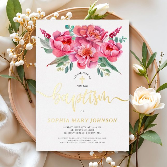 Invitación Con Relieve Metalizado Elegante Relieve metalizado dorado de bautismo flo (Elegant Pink Floral Baptism Gold Foil Invitation)