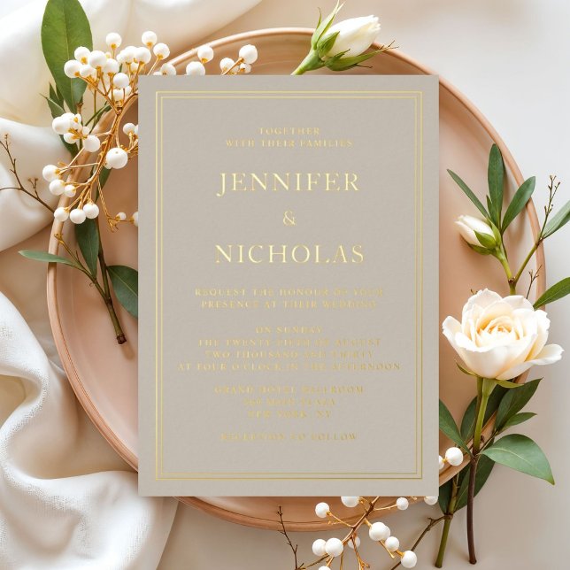 Invitación Con Relieve Metalizado Elegante Relieve metalizado dorado de Boda de Taup (Elegant Formal Taupe Wedding Gold Foil Invitation)