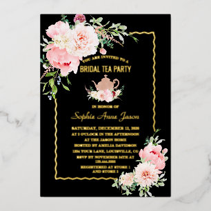 Invitación Con Relieve Metalizado Elegante RELIEVE METALIZADO DORADO Flores rosadas