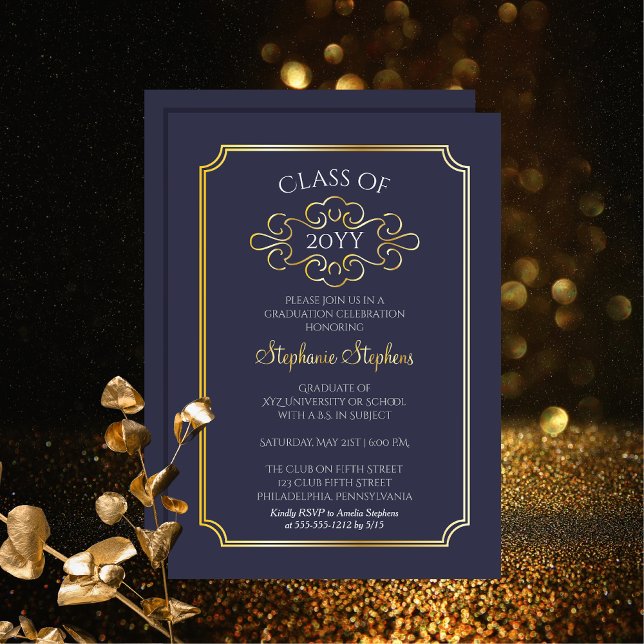 Invitación Con Relieve Metalizado Elegante Relieve metalizado Fiesta de graduación d (Elegant Frame Blue College Graduation Party Gold Foil Announcement and Party Invitation)