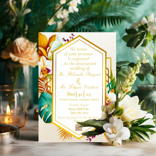 Invitación Con Relieve Metalizado Elegante Relieve metalizado formal de bodas tropic (Formal Chic Tropical Destination Wedding Invitation)
