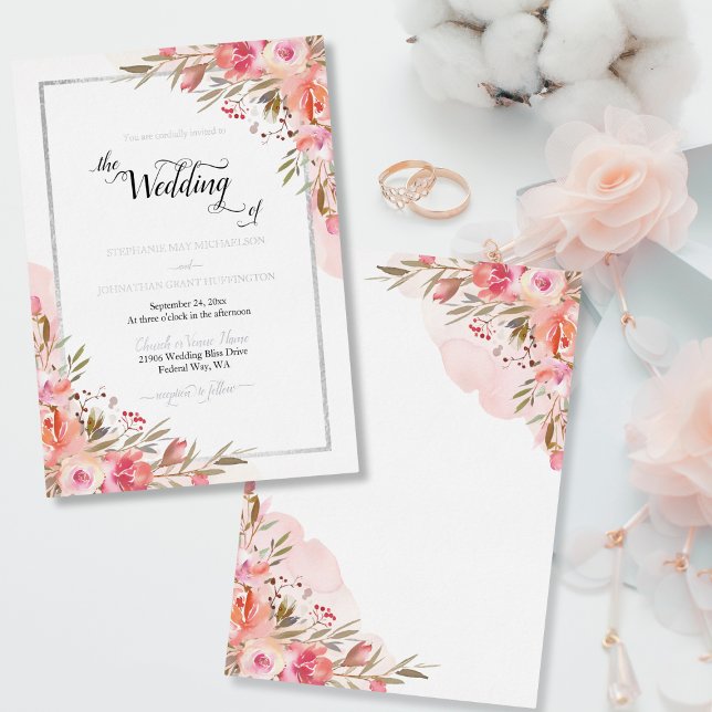 Invitación Con Relieve Metalizado Elegante Relieve metalizado plateado Boda de acuar (Elegant Pink Floral Watercolor Wedding Silver Foil Foil Invitation)