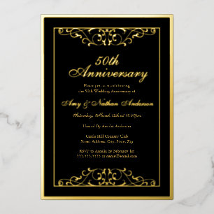 Invitación Con Relieve Metalizado Elegante remolino de oro negro 50 aniversario de b